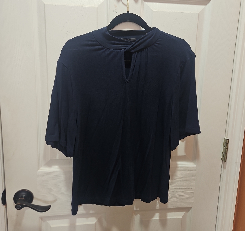 Tahari Navy Blue Mandarin Collar Blouse with Relaxed Fit